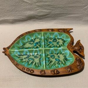Vintage Treasure Craft Fish Serving Platter Divided 390 Tiki Green Made In USA